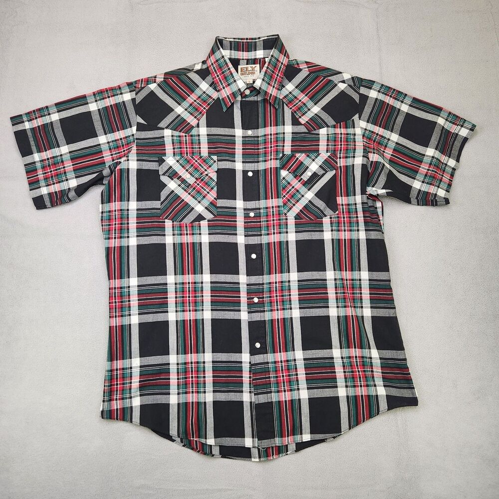 Ely Cattleman Pearl Snap Shirt‎ Men's L Plaid Short Sleeve Western Cowboy Rodeo
